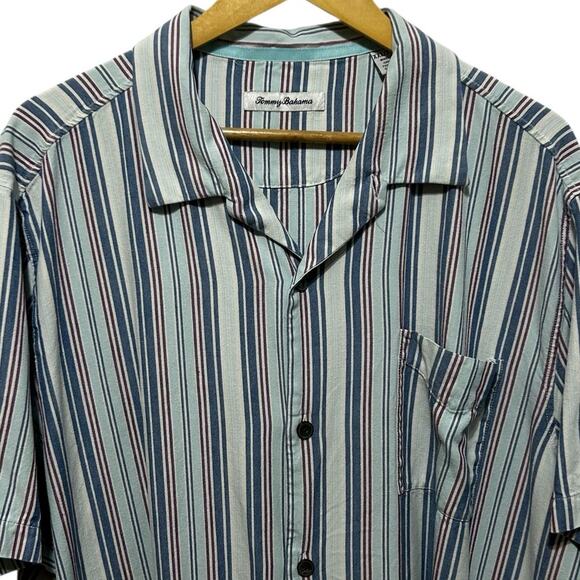 Tommy Bahama Mens XXL Silk Shirt Beige Blue Stripe Button Up Camp Retro - Picture 5 of 8